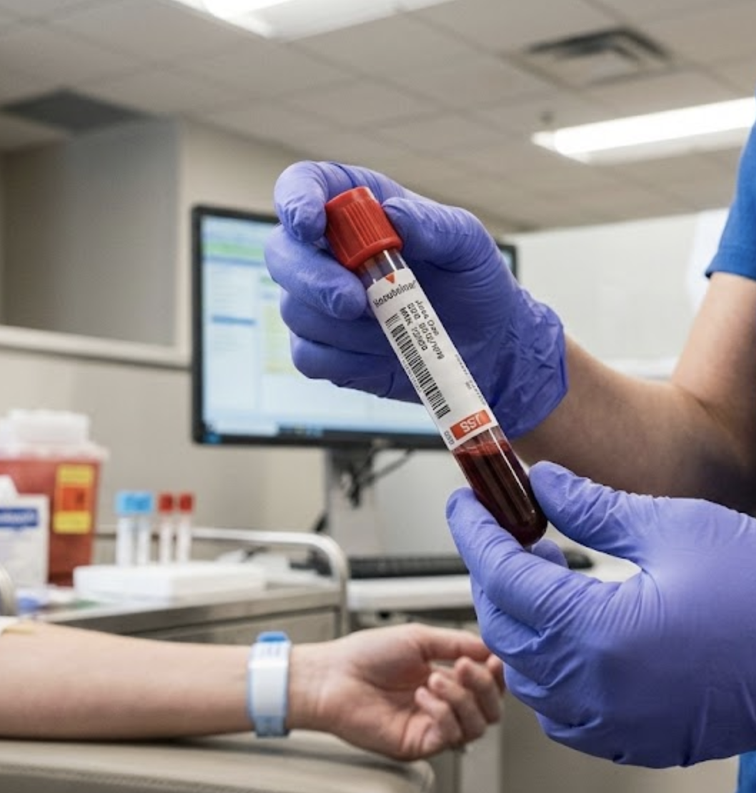 Healthcare worker in blue gloves holding a blood collection tube with a patient in the background, representing mycotoxin blood testing for mold illness diagnosis Healthcare worker in blue gloves holding a blood collection tube with a patient in the background, representing mycotoxin blood testing for mold illness diagnosis